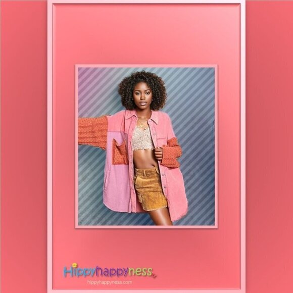 POL Corduroy Sweater Jacket Shacket Distressed Oversized Long Sleeve Pink NWT - Picture 3 of 6